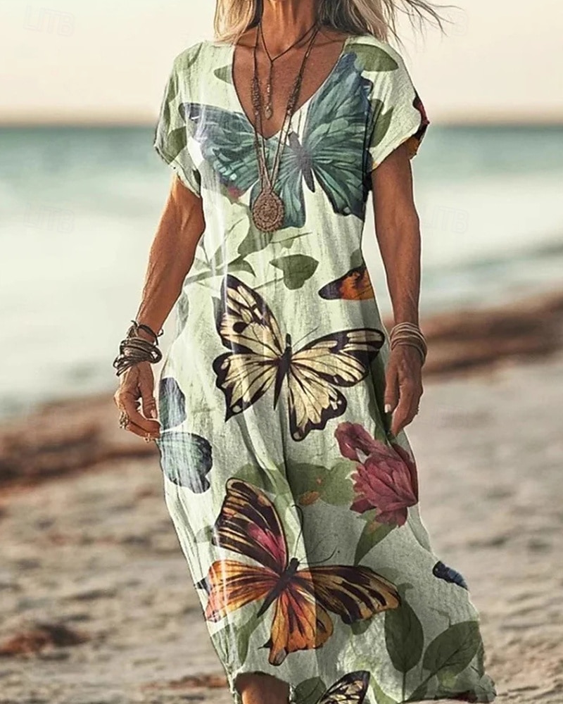 Women s Midi Dress Floral Dress Print Dress Classic Modern Vacation Holiday Weekend Regular Fit Flower Short Sleeve V Neck Yellow Green Khaki Apricot