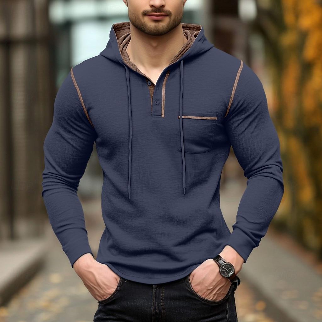 Per uomo Maglietta Felpa con cappuccio Henley Manica Lunga Con Cappuccio Henley Primavera & Autunno Tinta unica Maglieria Quotidiano All'aperto Tasca All'aperto Casual Casuale Grigio scuro blu navy del 2025 a $22.99 –P9
