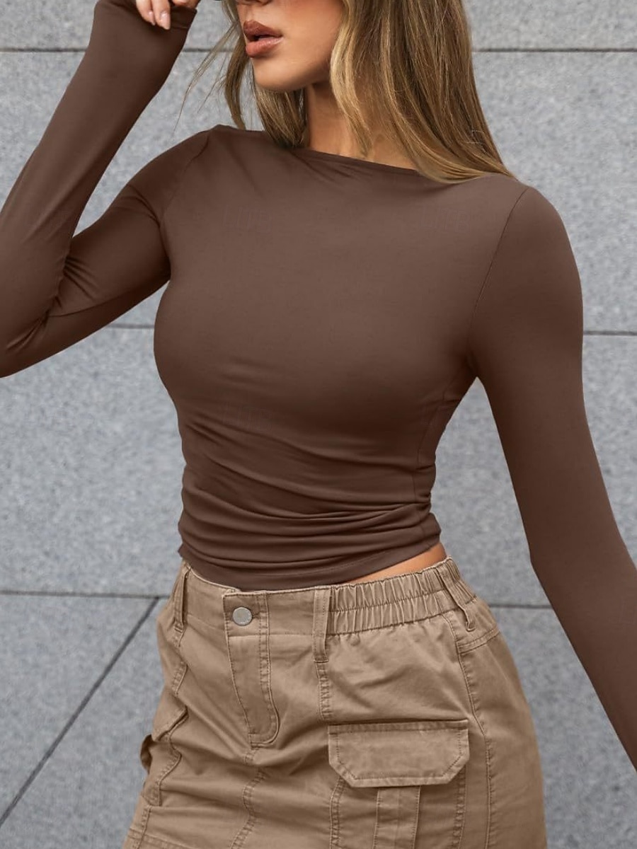 Femmes Hauts moulants Couleur Unie Élégant Occasionnel Y2K manche longue Col ras du cou Hauts courts Quotidien Fête Sortir Noir Blanche Rose Claire Marron Été Printemps de 2025 ? $17.99 –P7