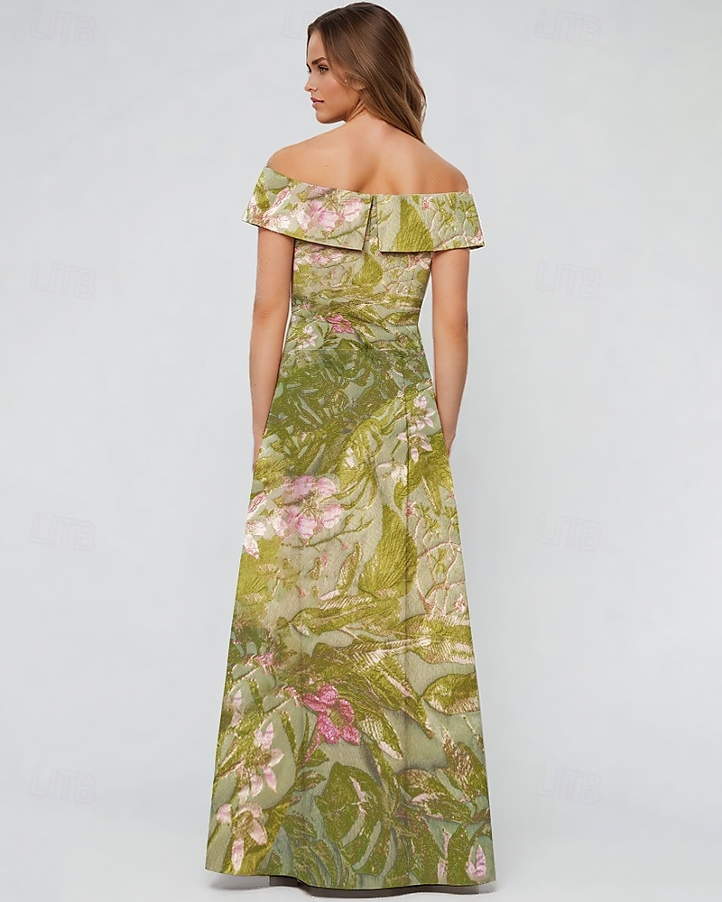 Grønn Jacquard Brocade Blomster A-linje Kveldsdrakt Elegant Kjole Formell Bryllup Gulvlengde Korte Ermer Avskjær Nylon med Lomme 2025 - $142.99 –P3