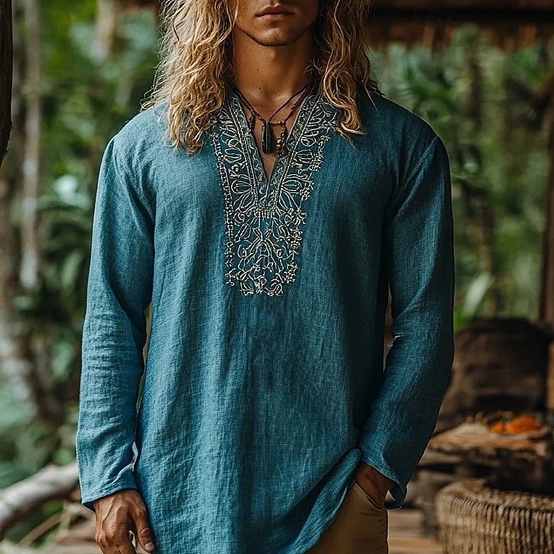 Herren Hemd Leinenhemd Popover-Hemd Sommerhemd Strandbekleidung Geometrisch Urlaub Straße Wein Marineblau Blau Langarm V Ausschnitt Sommer Frühling Bekleidung 2025 - $23.99 –P1