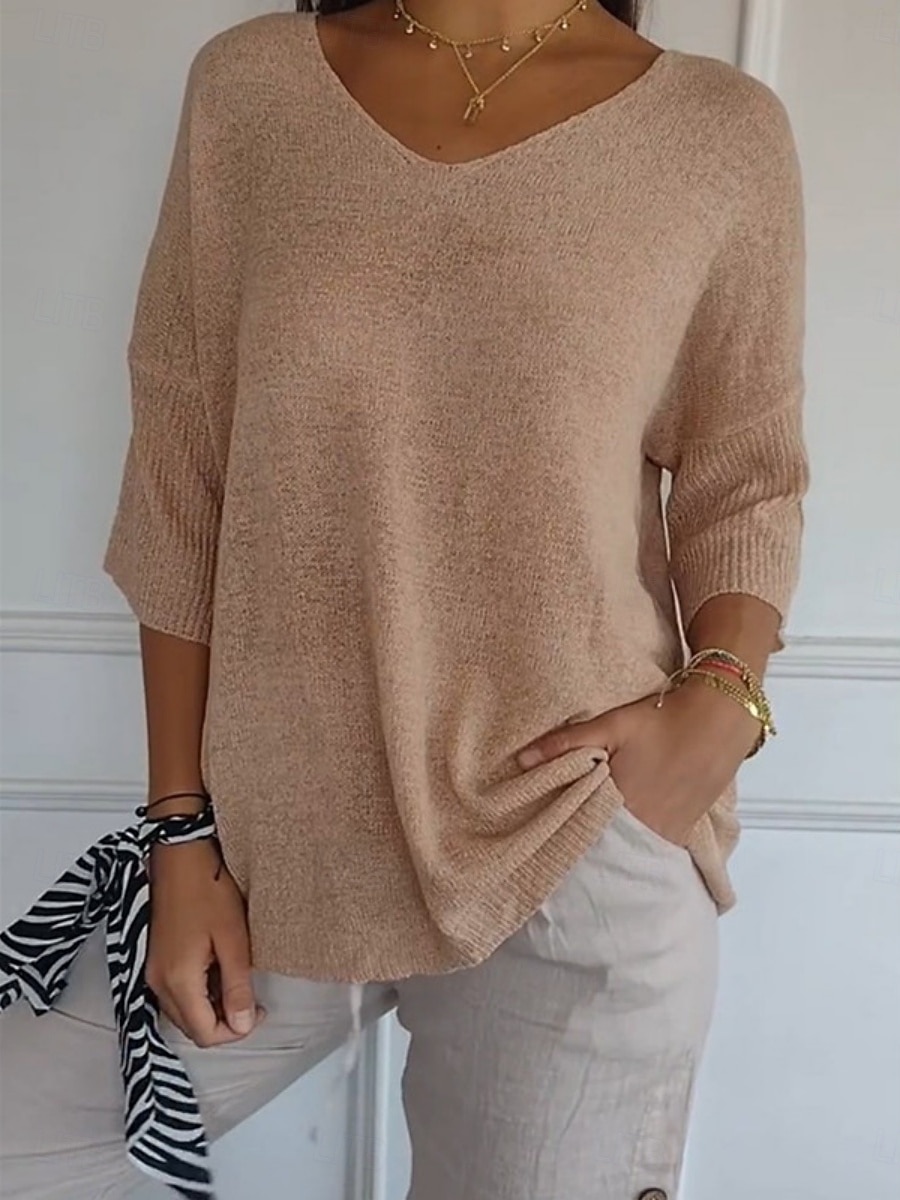 Blusa de mujer de color sólido básica casual de manga larga 3/4 con escote en V blusas regulares diarias negra amarilla roja verde albaricoque otoño invierno preotoño 2026 - $27.99 –P1