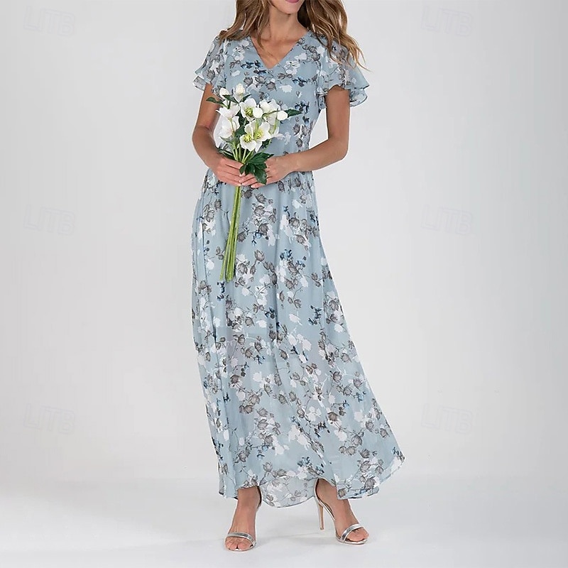 Damen Midikleid Cocktailkleid Chiffonkleid Blumenkleid Druckkleid Mode Modern Outdoor Urlaub Teegesellschaft Normale Passform Blume Kurzarm V Ausschnitt Blau Grün Leicht Blau Sommer 2026 - $26.99 –P2