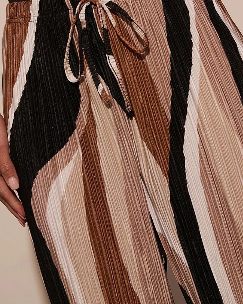 Damen Weites Bein Stoffhosen Streetwear Lässig Volle Länge Natürliche Taille Geometrie Elastisches Kordelzugdesign Bequem Außenbereich Urlaub Ausgehen Braun Herbst Normale Passform 2025 - $18.99 –P5
