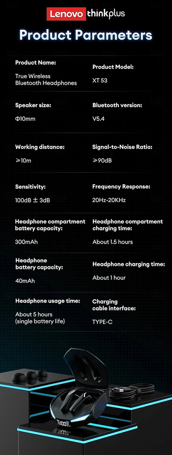 Lenovo XT53 Wireless Upgrade Bluetooth 5.4 Earphones Ultra Long Endurance Low Latency Gaming Headset LED Digital Display Earbuds 2025 - $28.99 –P11