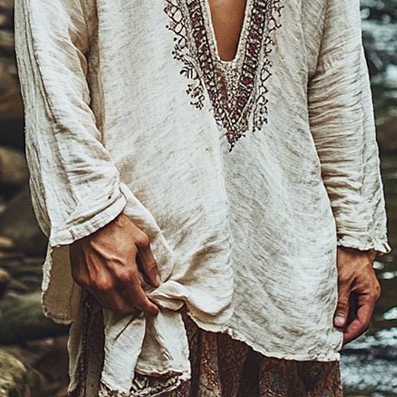 Herren Leinenhemd Sommerhemd Vintage-Shirt Ethno-Hemd Langarmshirt Boho Urlaub Straße Weiß Langarm Stürzen Sommer Frühling Bekleidung Ethnisch & Religiös 2025 - $23.99 –P3