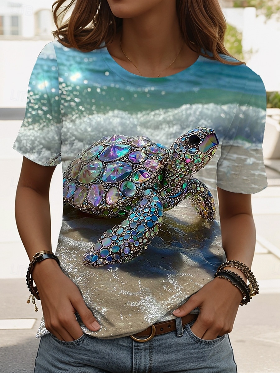 Femmes T-shirt Graphique Animal Tortue de mer ancien Élégant Classique Manche Courte Col ras du cou Col rond Hauts Réguliers Quotidien Week-end Imprimé Blanche Bleu Roi Bleu Vert Blanc Ecru Ét de 2025 ? €17.95 –P1