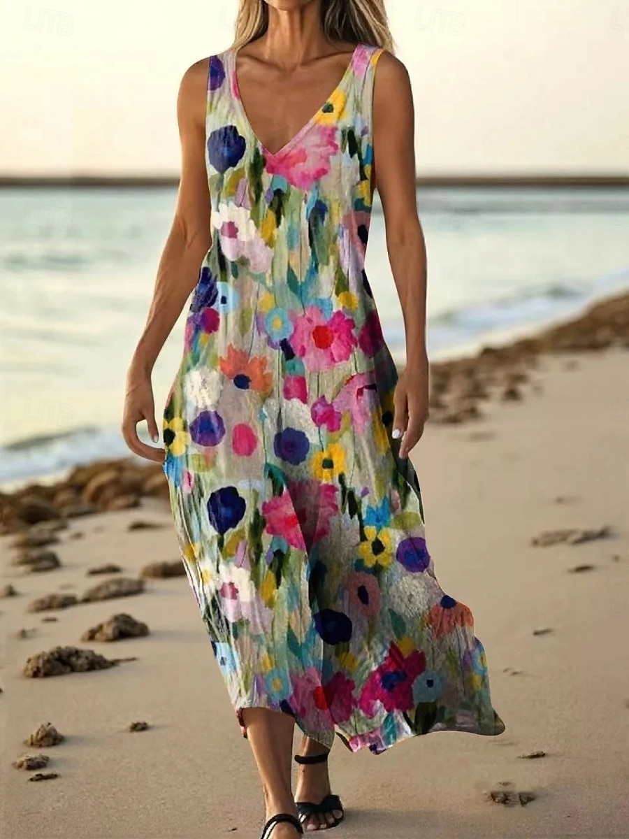 Pentru femei Rochie Lunga Rochie Maxi Rochie casual Rochie Tip Maieu Rochie de vară Modă Zilnic Concediu Plajă Fit regulat Floral Fără manșon În V Verde Deschis Roz Îmbujorat Roșu-aprins Albastru 2025 - $20.99 –P6