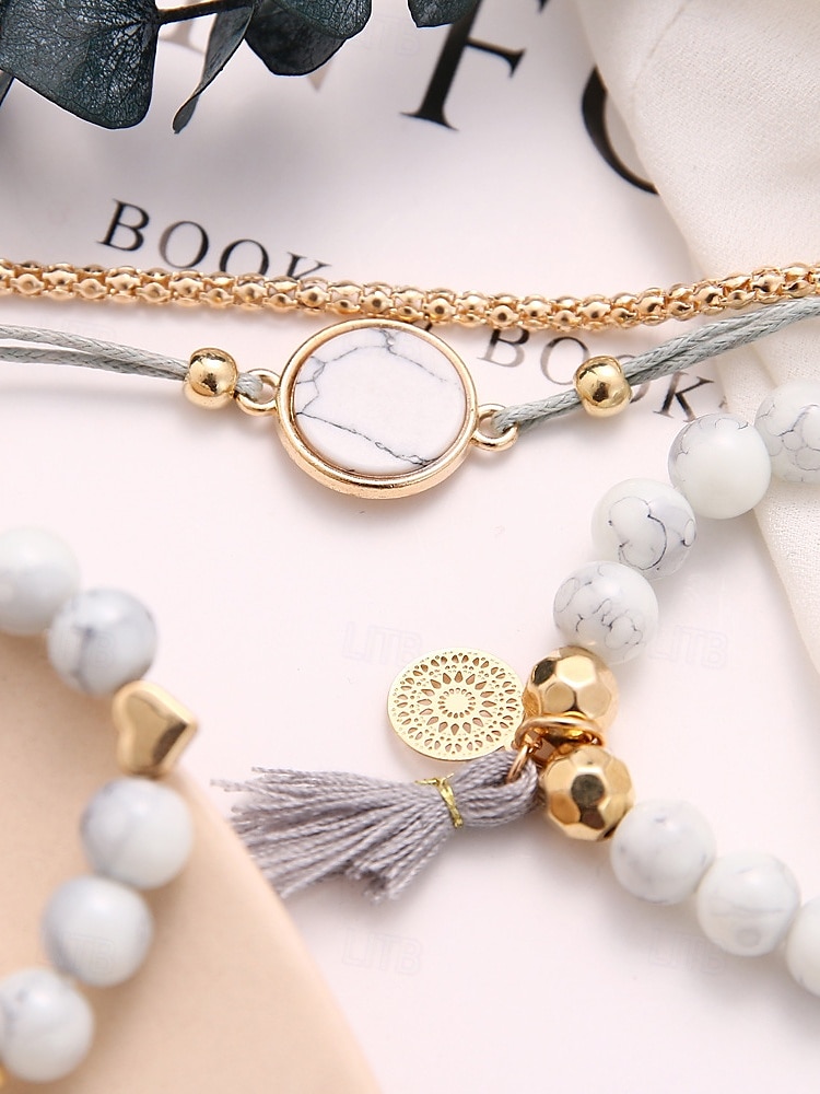 Set di braccialetti con perline di howlite da donna: stile boho a strati con ciondolo a forma di cuore, pendente in marmo e nappa per abbigliamento casual, outfit da spiaggia e regali del 2025 a $9.99 –P8