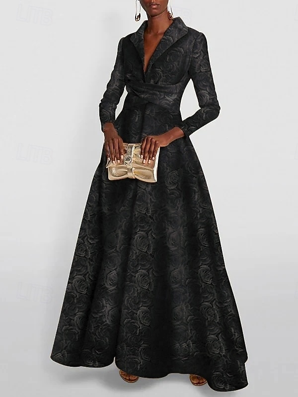 Red Jacquard Gown A-Line Evening Elegant Dress Formal Wedding Floor Length Long Sleeve Shirt Collar Pocket Nylon with Bow(s) Slit Pocket 2025 - $147.99 –P6