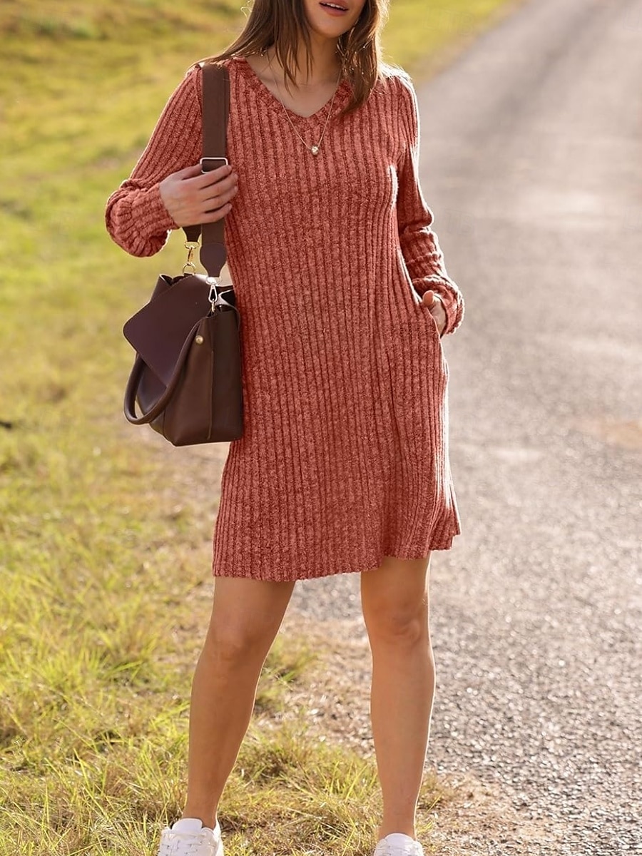 Per donna Mini Abito Abito in maglia Casual Casuale Vestibilità regolare Semplice Manica Lunga Scollo a V Nero Marrone Verde Grigio Autunno Inverno del 2025 a $22.99 –P4