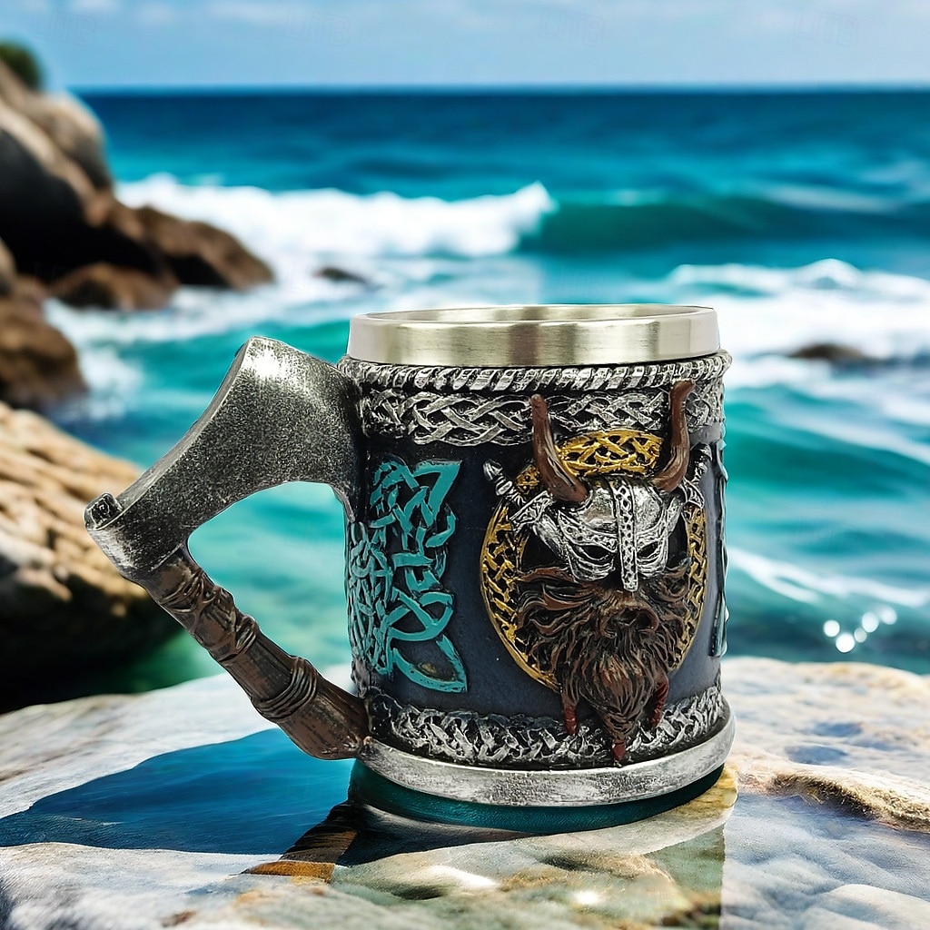 halbă de bere vikingă, cană cadou Oktoberfest cu topor de luptă medieval, ceașcă de cafea pirat nordic, halbă războinic viking, halbă de bere nordică rustică 2025 - $21.99 –P1