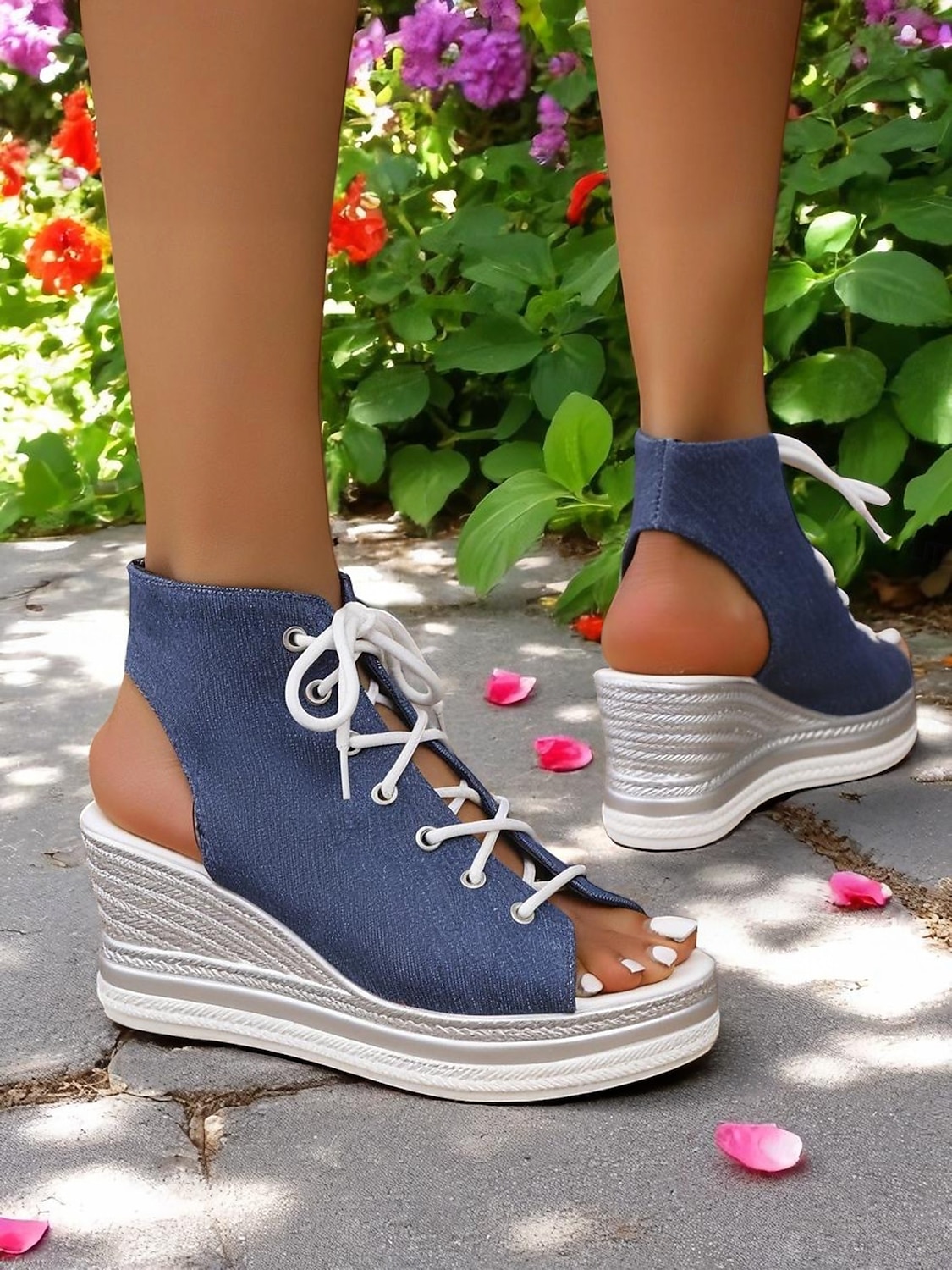 damskie sandały na koturnie z denimu, modne letnie buty z odkrytymi palcami, idealne na basen, wyjścia na brunch i do nadmorskich kawiarni 2025 - $26.99 –P2
