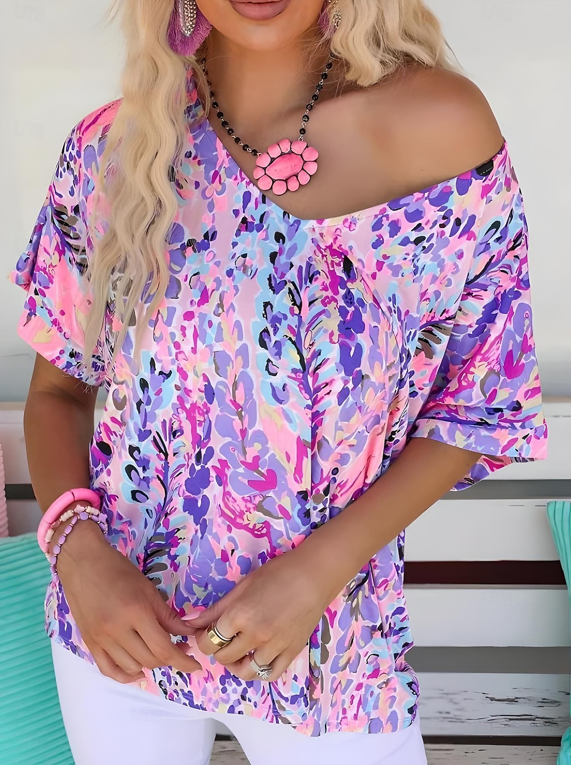 Dame Boho skjorte Blomstret Grafisk Abstrakt Årgang Stilfull Klassisk Kortermet V-hals Vanlige topper Daglig Trykt mønster Rosa Lilla Fuksia Grønn Sommer Vår 2025 - $19.99 –P2