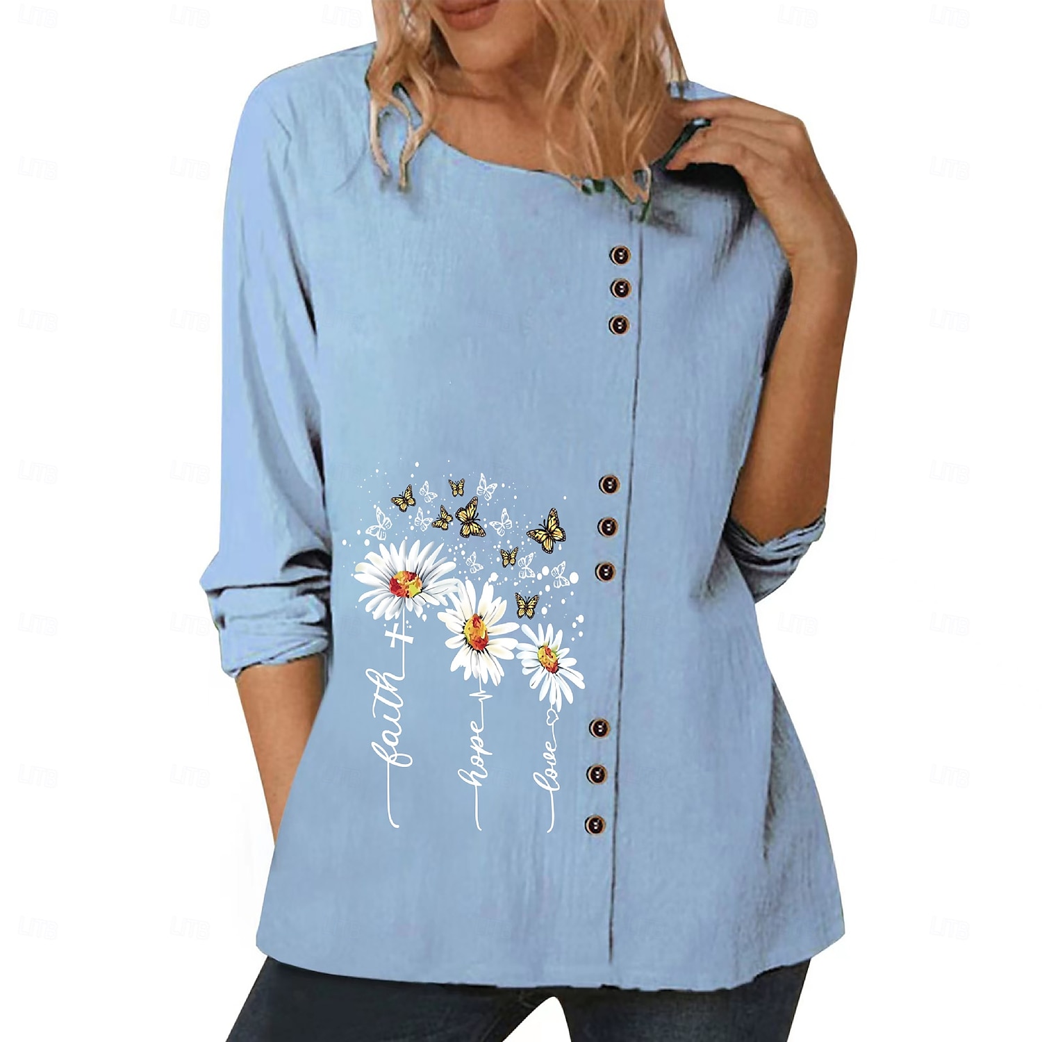 Chemisier femme coton lin fleuri élégant mode moderne manches longues col ras du cou régulier hauts quotidien sortie week-end blanc bleu bleu foncé automne de 2025 ? $19.99 –P2
