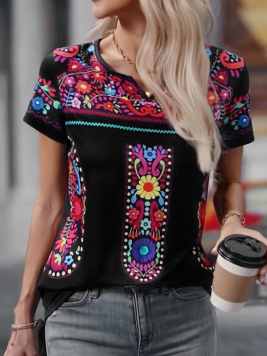 Femmes T-shirt Fleuri Graphique ancien Élégant Classique Manche Courte Encolure en V Hauts Réguliers Quotidien Week-end Imprimé Noir bleu marine Vert Été Printemps de 2025 ? $27.99 –P6