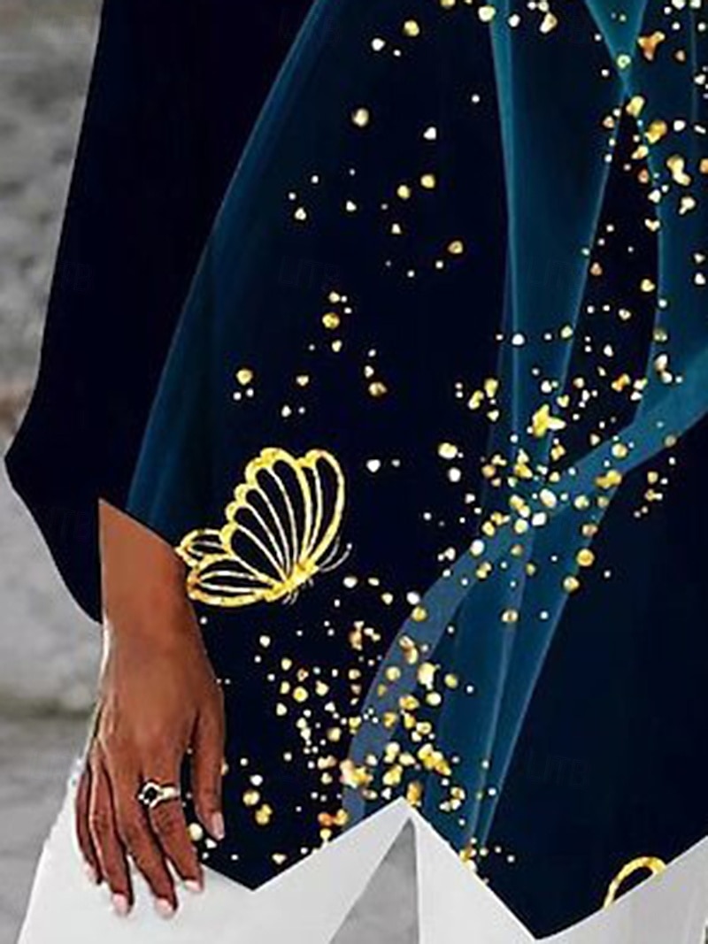 Damen Bluse Schmetterling Täglich Stilvoll Langarm Rundhalsausschnitt Normale Oberteile Täglich Ferien Druck Asymmetrischer Saum Marineblau Sommer Frühling 2025 - $22.99 –P3