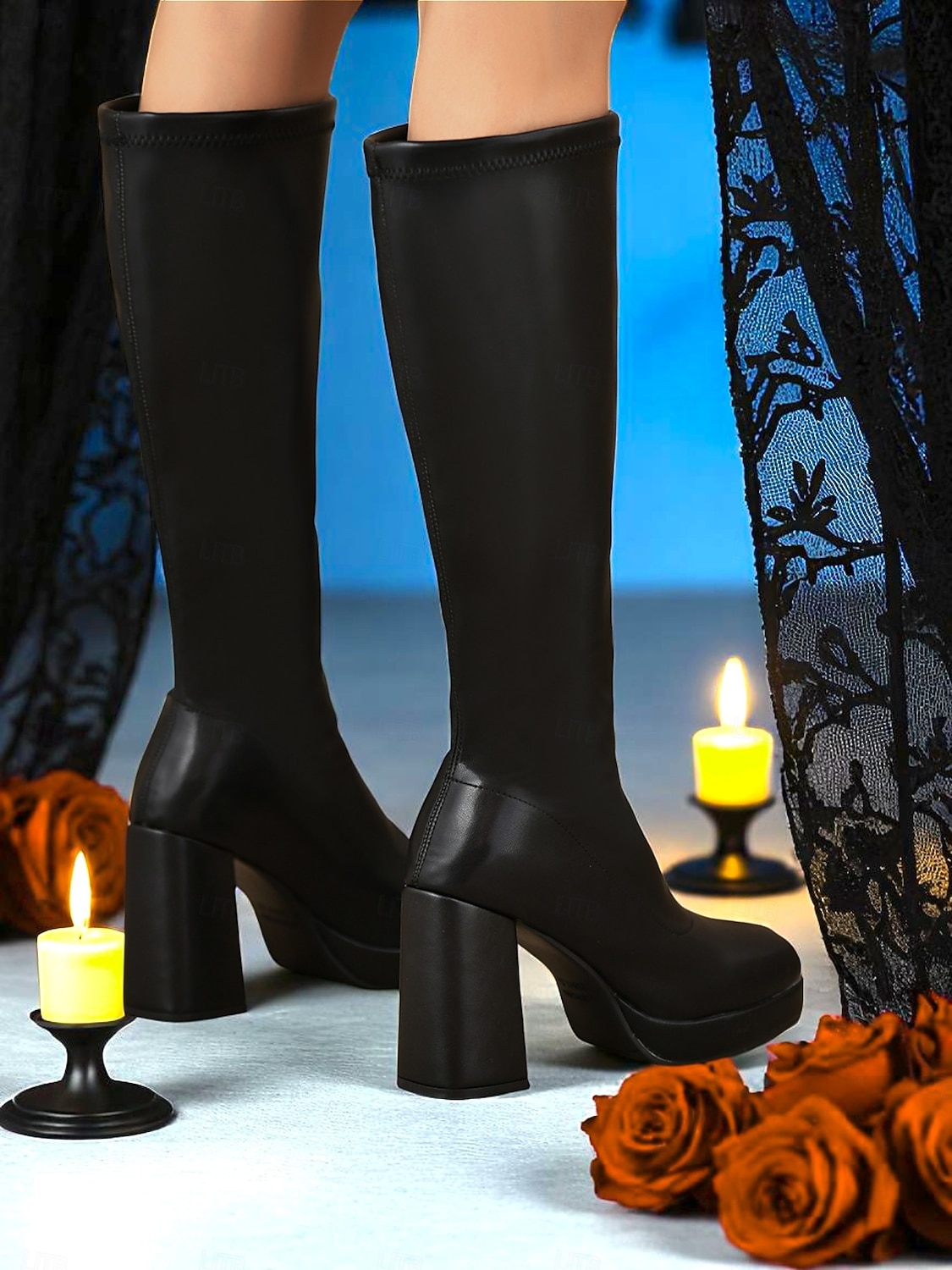 Dámské černé kozačky na platformě s úzkými podpatky - retro gotická kostýmní obuv z umělé kůže z 80. let na Halloween, rockové festivaly a večerní párty 2025 - $42.99 –P4