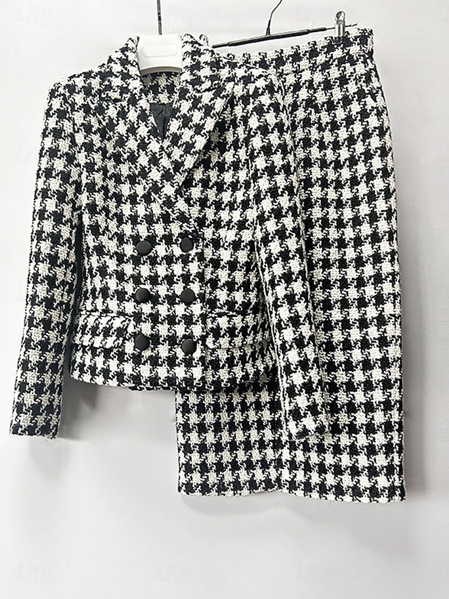 Houndstooth Klänning Set Mor till Bruden Klänning Elegant Enkel Krage Knälängd Dubbelknäppt Kavaj Lång ärm 2025 - $139.99 –P3