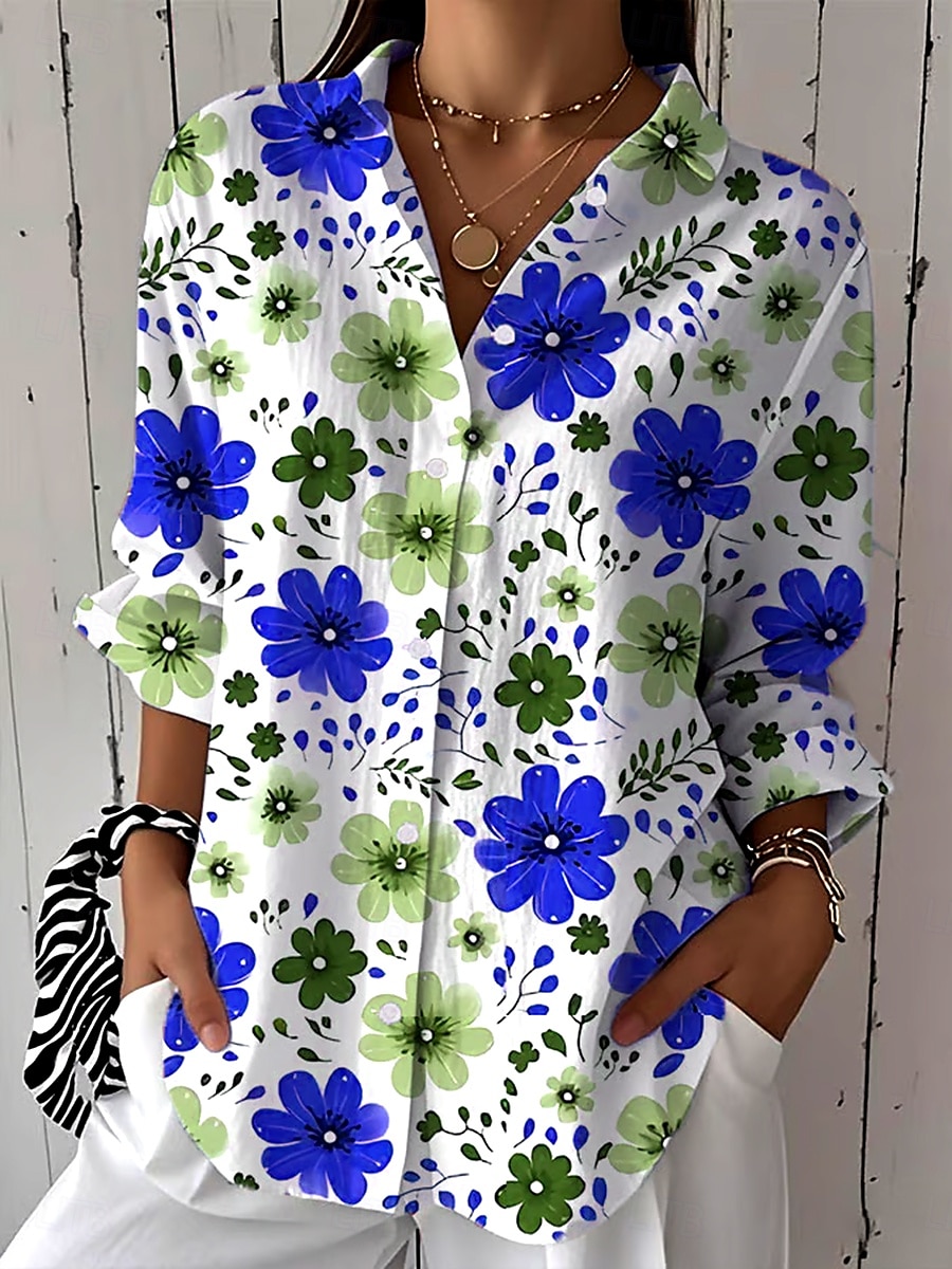 Womens Hemd Leinenähnlich Atmungsaktiv Leicht Button-Down Tunika Hemdkragen Lange Ärmel Blumengrafik Vintage Tropical Täglich Reguläre Tops Arbeit Täglicher Feiertagsdruck Rot Blau Grün Frühling 2026 - $36.99 –P5