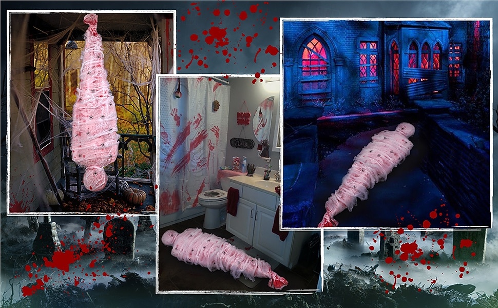 Adereços de Halloween para ambientes internos e externos - corpo de cadáver assustador com teia de aranha falsa e decoração de árvore pendurada, material plástico de estilo contemporâneo, sem penas, de 2025 por $23.99 –P9