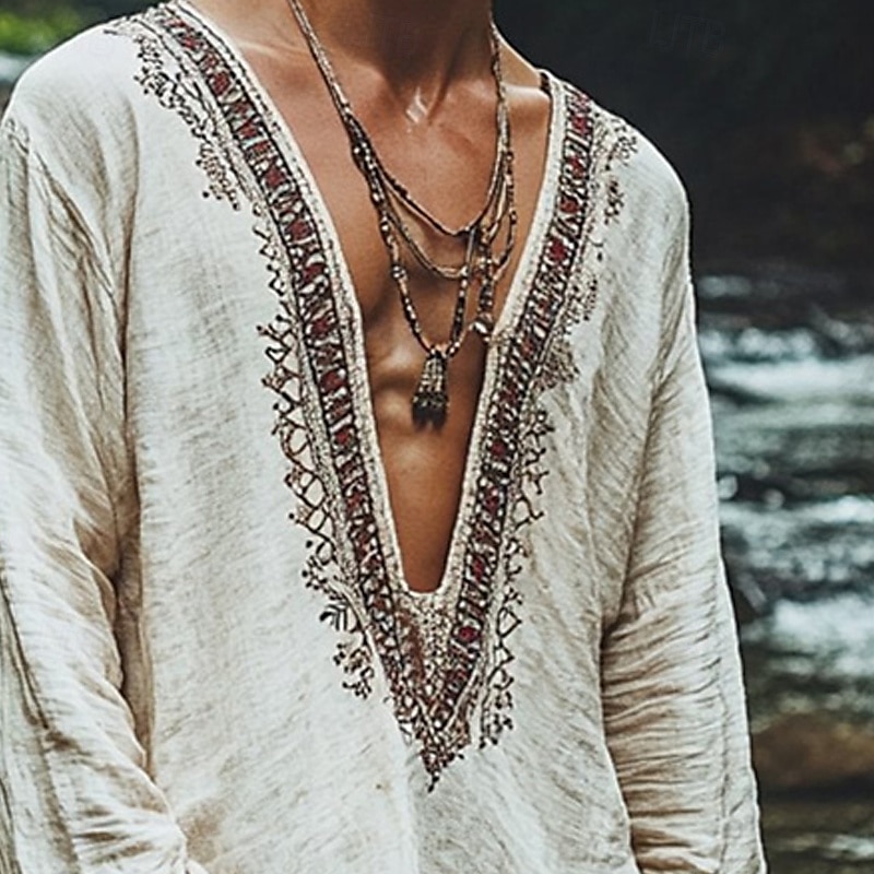 Herren Leinenhemd Sommerhemd Vintage-Shirt Ethno-Hemd Langarmshirt Boho Urlaub Straße Weiß Langarm Stürzen Sommer Frühling Bekleidung Ethnisch & Religiös 2025 - $23.99 –P2