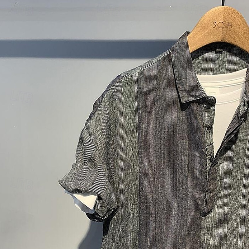Herren Hemd Leinenhemd Popover-Hemd Freizeithemd Baumwollhemd Farbblock Urlaub Straße Aprikose Grau Kurzarm Umlegekragen Sommer Bekleidung Patchwork 2025 - $37.99 –P4