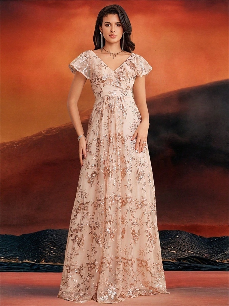 Robes de quinceanera en forme A Robe élégante Robe de mariage formelle longueur sol manches courtes col en V sequins dos en V avec sequins de 2025 ? $109.99 –P1