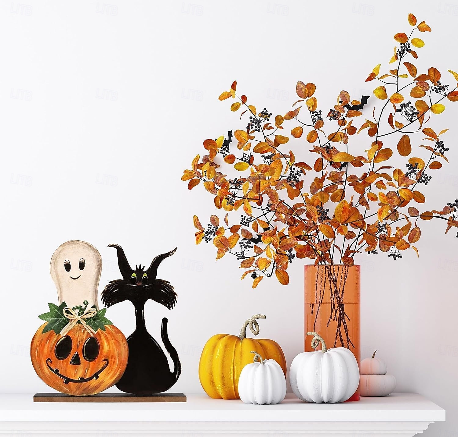 Halloween houten tafeldecoraties, rustieke pompoen- en spookachtige decoraties op dienbladen, Halloween houten borden voor binnen voor op tafel in de woonkamer op een boerderij 2025 - $15.49 –P8