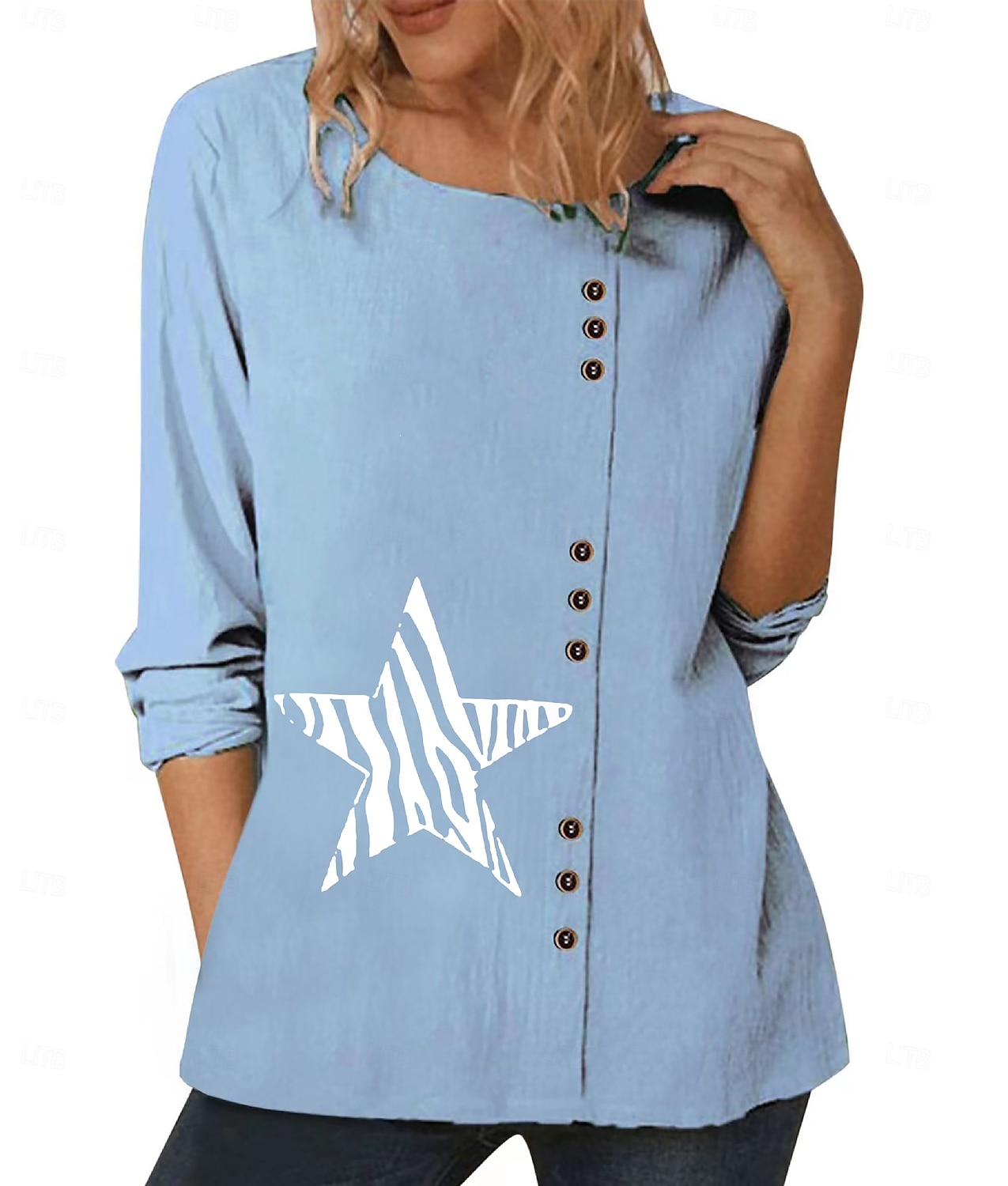 Women's Blouse Graphic Star Elegant Vintage Fashion Long Sleeve Crew Neck Round Neck Regular Tops Daily Going out Weekend White Blue Dark Blue Fall 2025 - $22.99 –P3