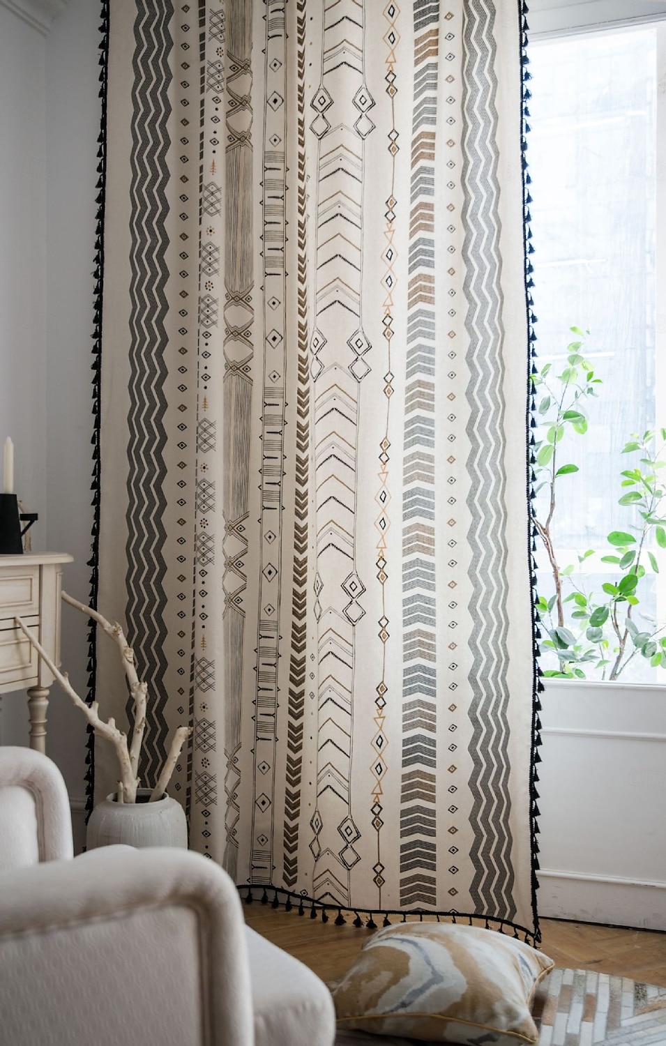 Boho Κουρτίνες από Κοντό Λινό με Χάντρες Γεωμετρικό Ημι-Σκοτεινό Εκτύπωση Αγροτική Μποέμ Κουρτίνες Παραθύρων για Καθιστικό Ροδόχρωμες Κουρτίνες 1 Πάνελ 2025 - $22.99 –P9