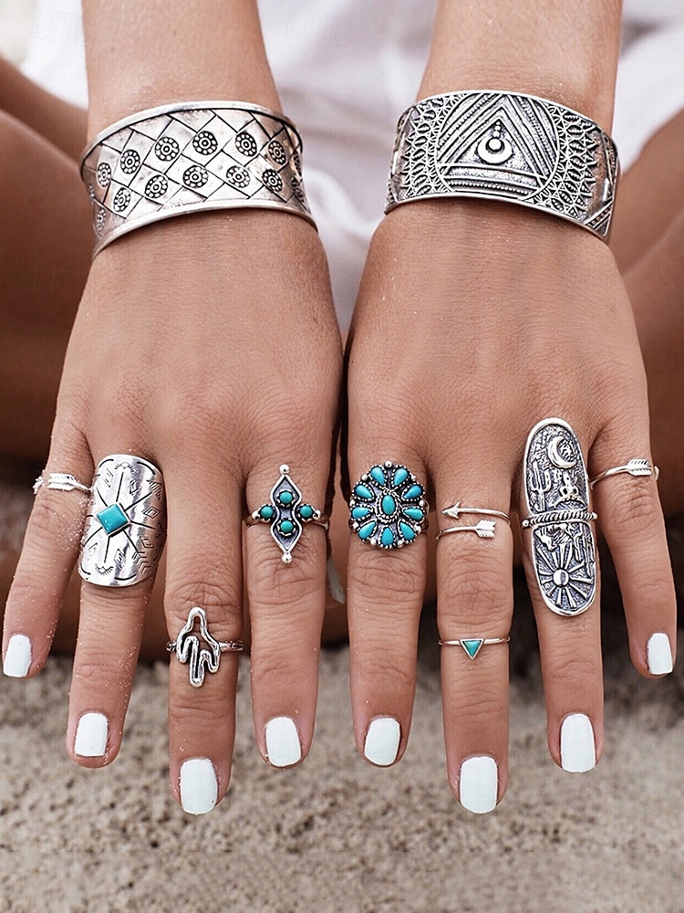 Women's Boho Vintage Turquoise Ring Set – 9-Piece Antique Silver Adjustable Midi Rings for Gypsy Festival, Beachwear and Casual Styling 2025 - $11.99 –P2