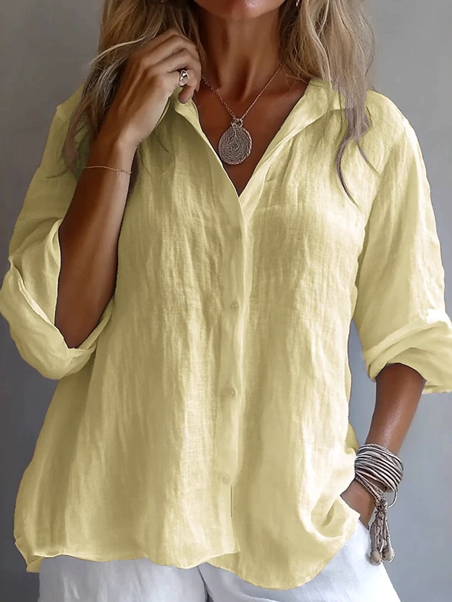 Women's Shirt Solid Color Plain Stylish Casual Long Sleeve Shirt Collar Regular Tops Daily Holiday Buttons White Yellow Pink Blue Summer Spring 2025 - $22.99 –P3