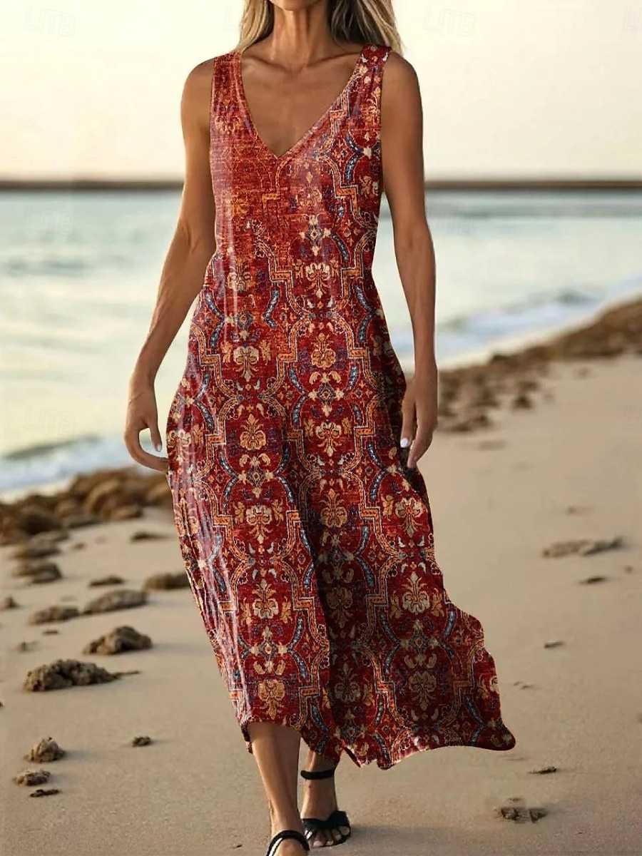 Women's Long Dress Maxi Dress Casual Dress Tank Dress Summer Dress African Daily Holiday Beach Regular Fit Floral Sleeveless V Neck Wine Burgundy Navy Blue Blue Summer 2025 - $20.99 –P9
