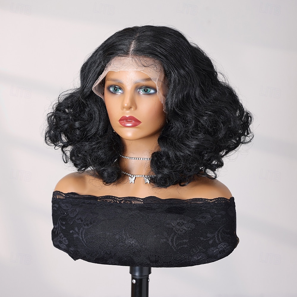 Syntetická krajková paruka Bouncy Curl Styl 12 inch Černá Střední část 13x4 krajka vpředu Paruka Dámské Paruka Černá 2025 - $66.99 –P3