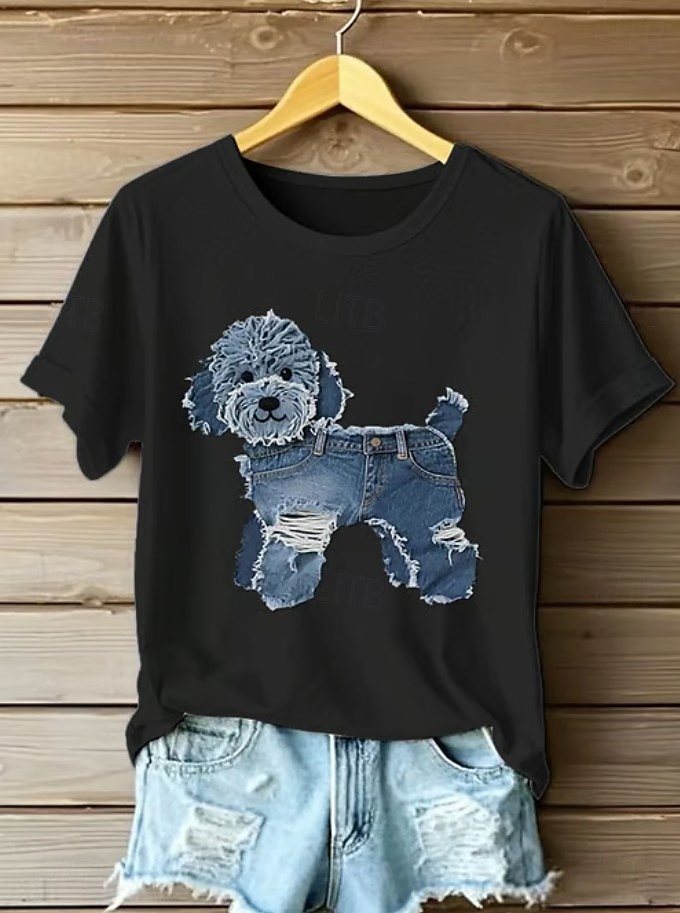 Femmes T-shirt Graphique Animal Chien ancien Élégant Classique Manche Courte Col ras du cou Col rond Hauts Réguliers Quotidien Week-end Imprimé Noir Blanche Été Printemps de 2025 ? $19.99 –P3