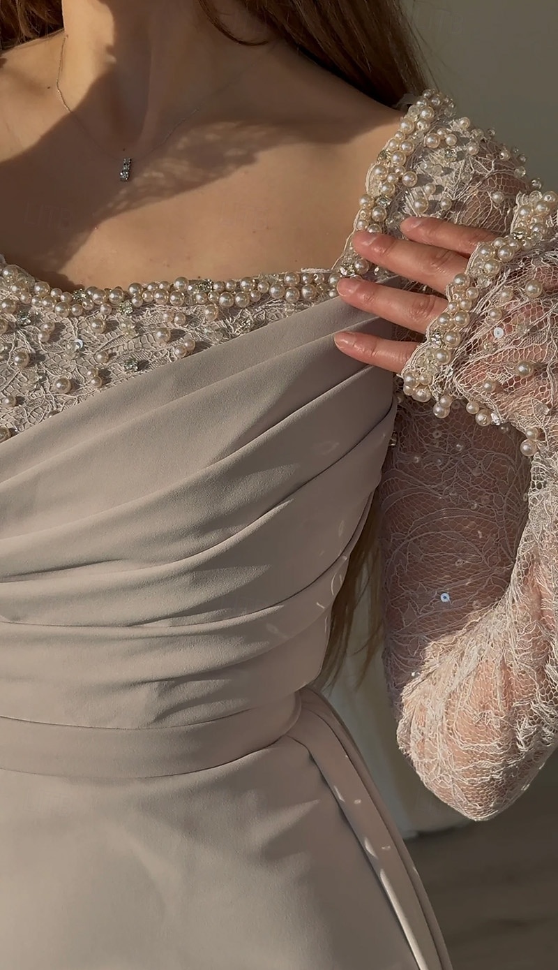 Meerjungfrau/Trompete Abendkleid Galakleid mit abnehmbarem Überrock formelles Kleid Stretch-Crêpe Hochzeit bodenlang Langarm quadratischer Ausschnitt Spitze mit Falten Perlen Pailletten Spitze 2025 2025 - $149.99 –P2