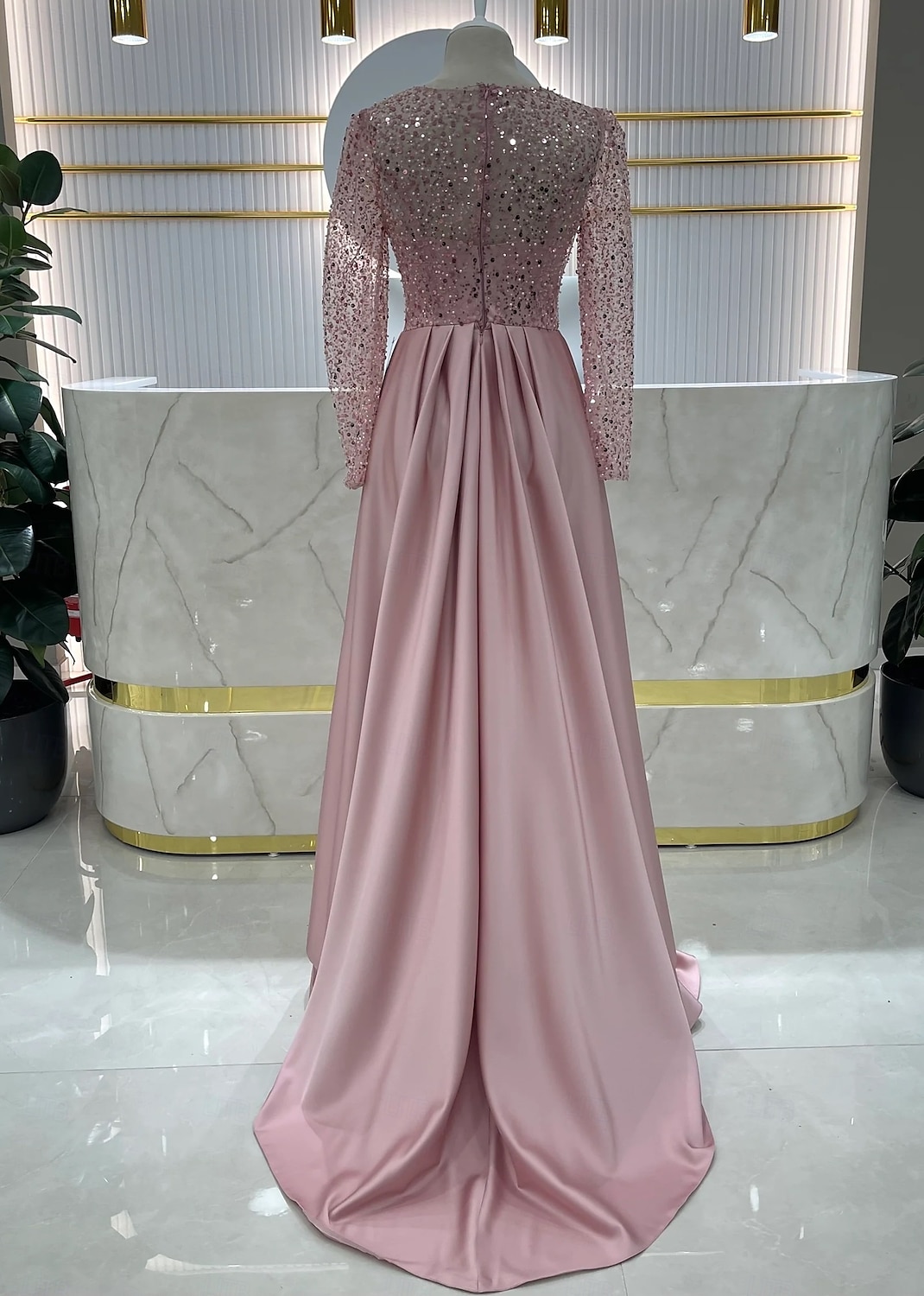 Meerjungfrauenschnitt Abendkleid Elegant Kleid Karneval Formell Bodenlang Langarm Illusionsausschnitt Abnehmbar Satin mit Perlen Überrock 2025 2025 - $159.99 –P4