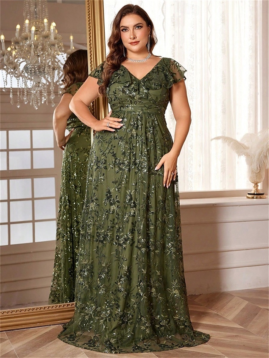 Robe A-Ligne Grande Taille Élégante Robe Courbée Formelle Mariage Longue Traîne Manches Courtes Décolleté en V en Polyester Dos V avec Sequins 2025 de 2025 ? $119.99 –P4