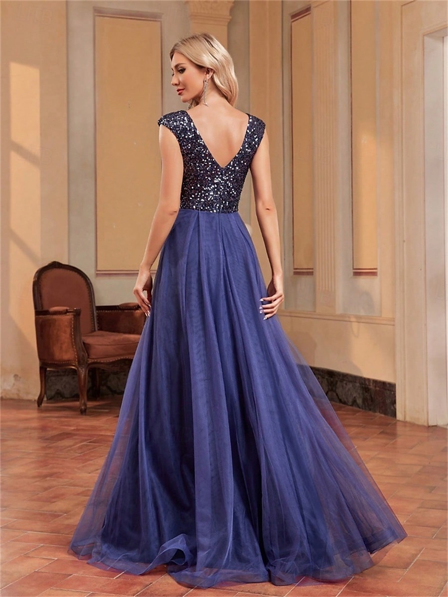 Abiti per Quinceanera A-Line elegante abito formale per matrimonio lunghezza del pavimento senza maniche scollo a V tulle con schiena a V e paillettes del 2025 a $99.99 –P18