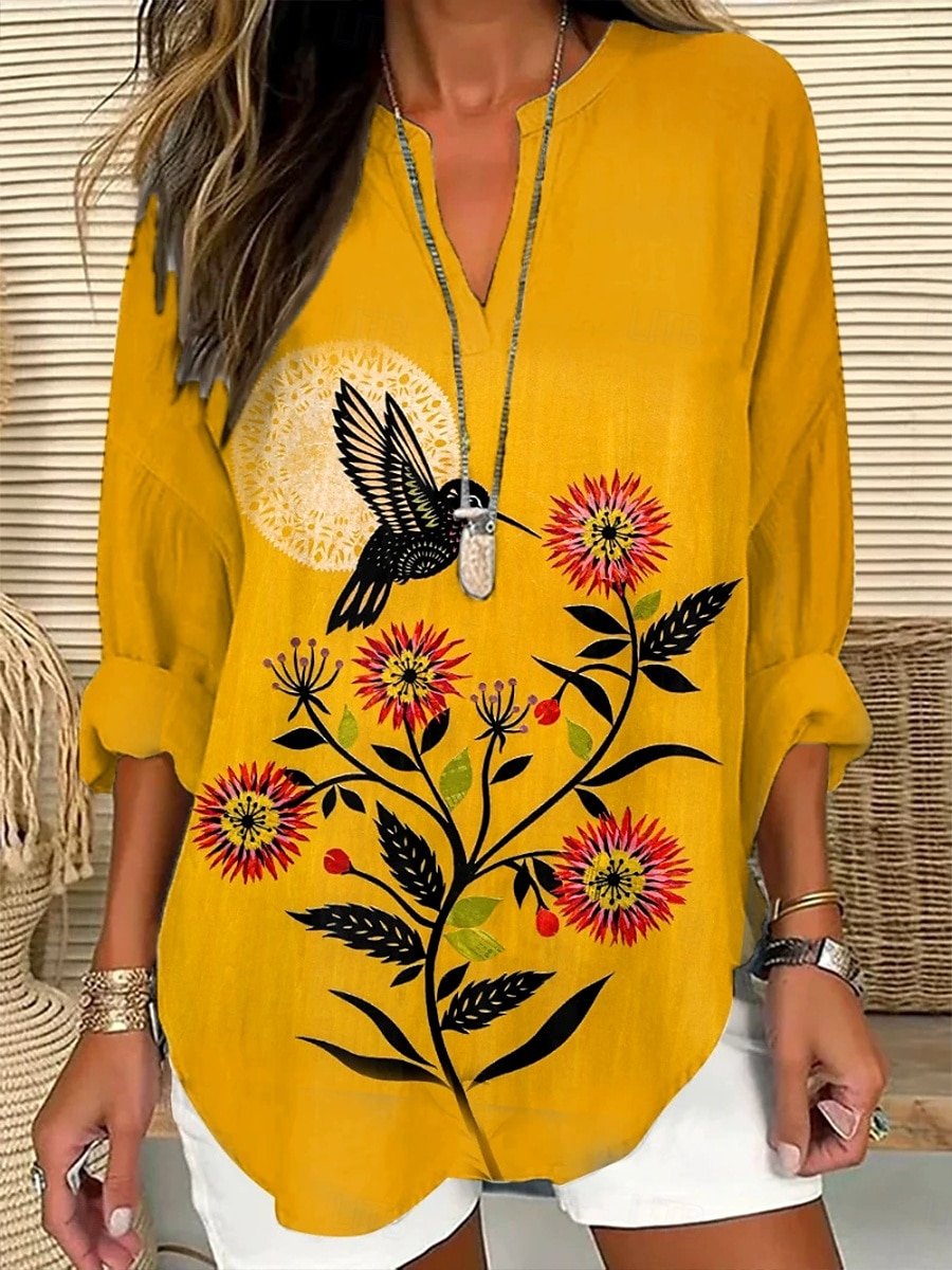 Damen Bluse Langarm Tuniken Floral Grafik 3D Bohemia Vintage Tropical V-Ausschnitt Reguläre Tops Tagesurlaub Strandmode Druck Weiß Gelb Rot Violett Sommer Frühling 2025 - $24.99 –P2