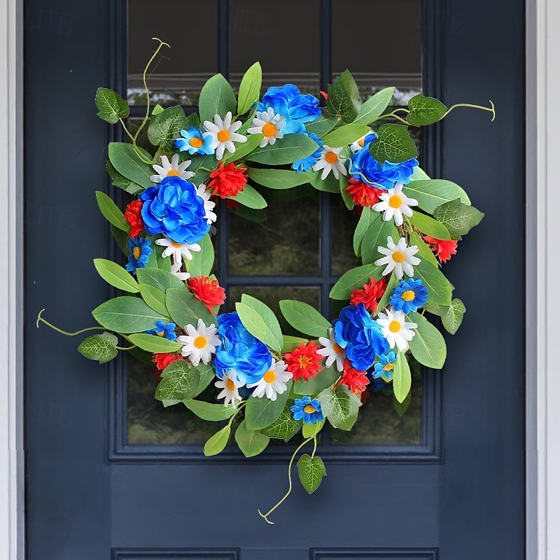 Couronne de marguerites patriotique pour le 4 juillet, guirlande de fleurs artificielles rouges, blanches et bleues, décoration murale de porte pour le jour de l'indépendance de 2025 ? $21.99 –P6