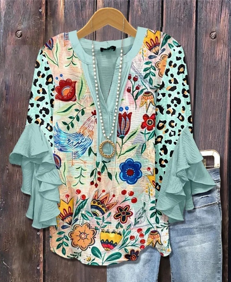 Pentru femei Bluză Floral Grafic Elegant Boemia Έθνικ Lungime Manșon 3/4 În V Topuri obișnuite Zilnic Concediu Îmbrăcăminte de vacanță Bufantă Imprimeu Roz Îmbujorat Roșu-aprins Albastru piscin 2025 - $29.99 –P2