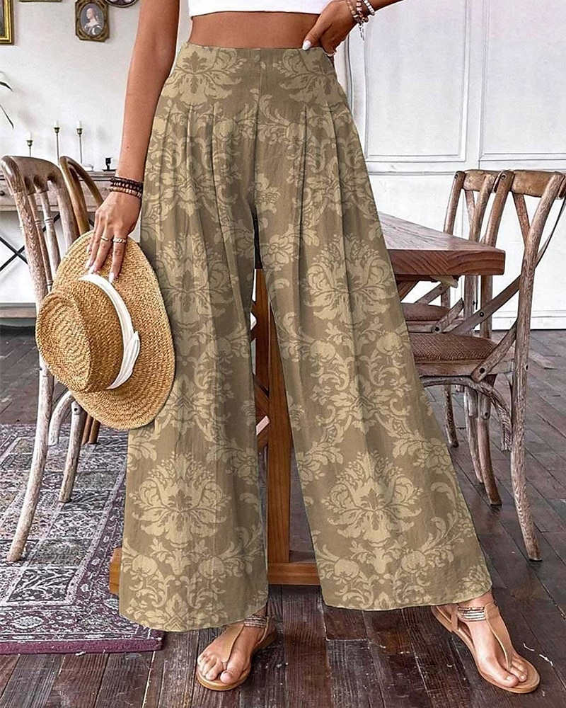 Dames Broeken Palazzo-broek Modieus Boho Volledige lengte Hoge taille Bloemig Elastische taille Comfortabel Micro-elastisch Straat Alledaagse kleding Uitgaan Khaki Zomer Lente Normale pasvorm 2025 - $17.99 –P1