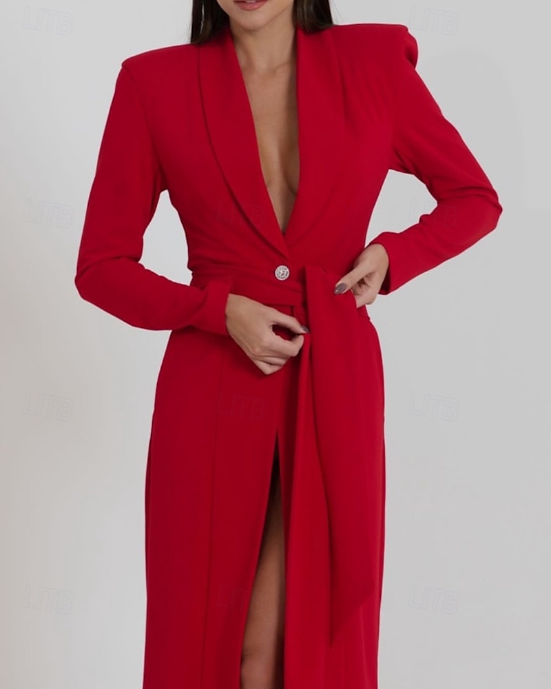Robe trapèze pour mère de la mariée, robe smoking, élégante, portefeuille, simple, minimaliste, col en V, revers châle, longueur midi, longueur thé, crêpe, tissu extensible, manches longues, couleur de 2025 ? $120.99 –P5