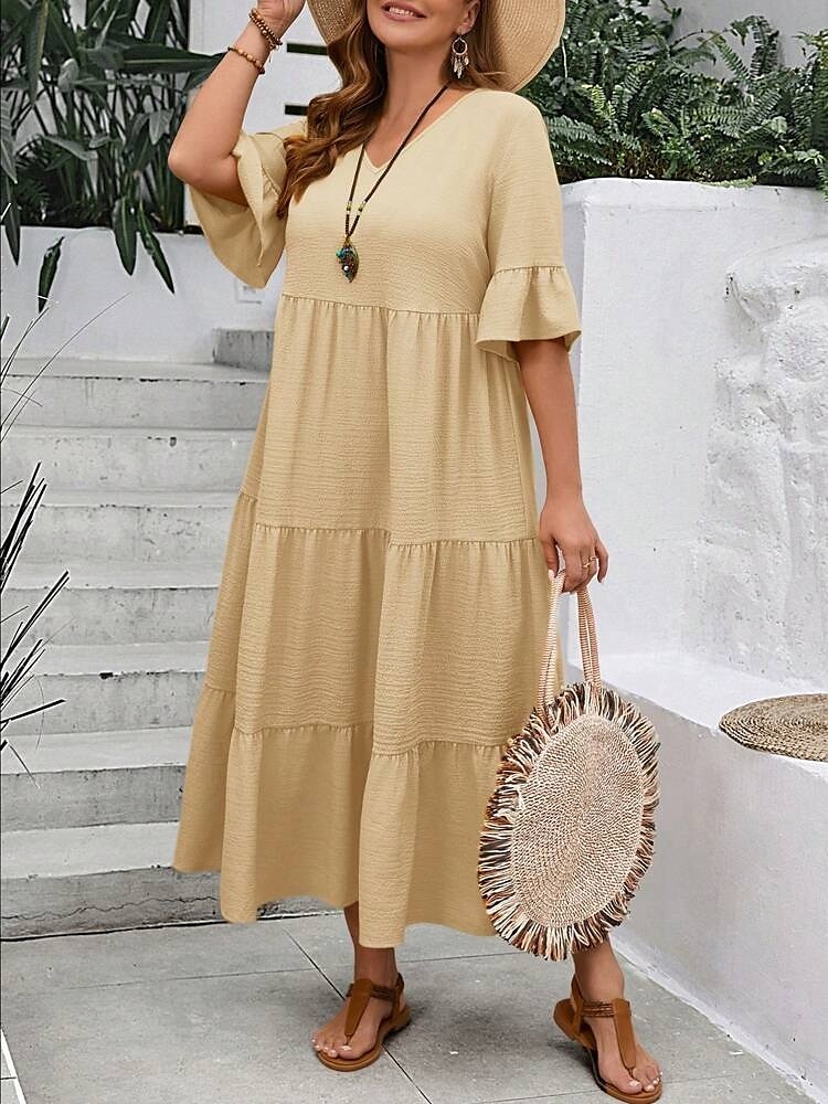 Women's Maxi Dress A Line Dress Vacation Casual Beach Daily Holiday Date Plain Half Sleeve V Neck Navy Black Ivory Yellow Summer 2025 - $39.99 –P5