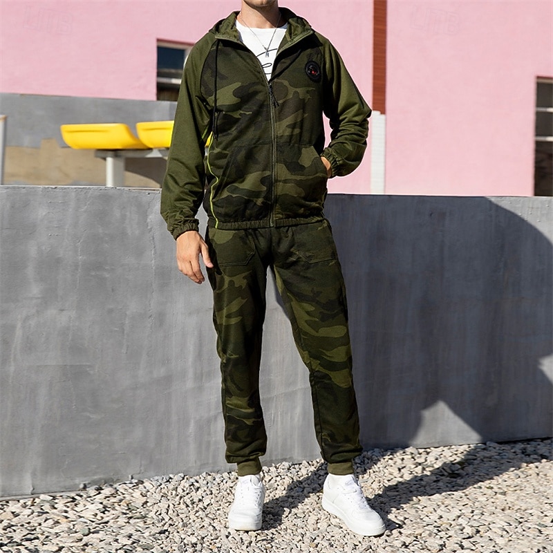 Herren Reißverschluss Kapuzensweatshirt Trainingsanzug Athleisure Herbst Langarm Winddicht Fitnessstudio Training Sport Sportbekleidung Sportkleidung Tarnung Armeegrün Khaki Grau 2025 - $39.99 –P2