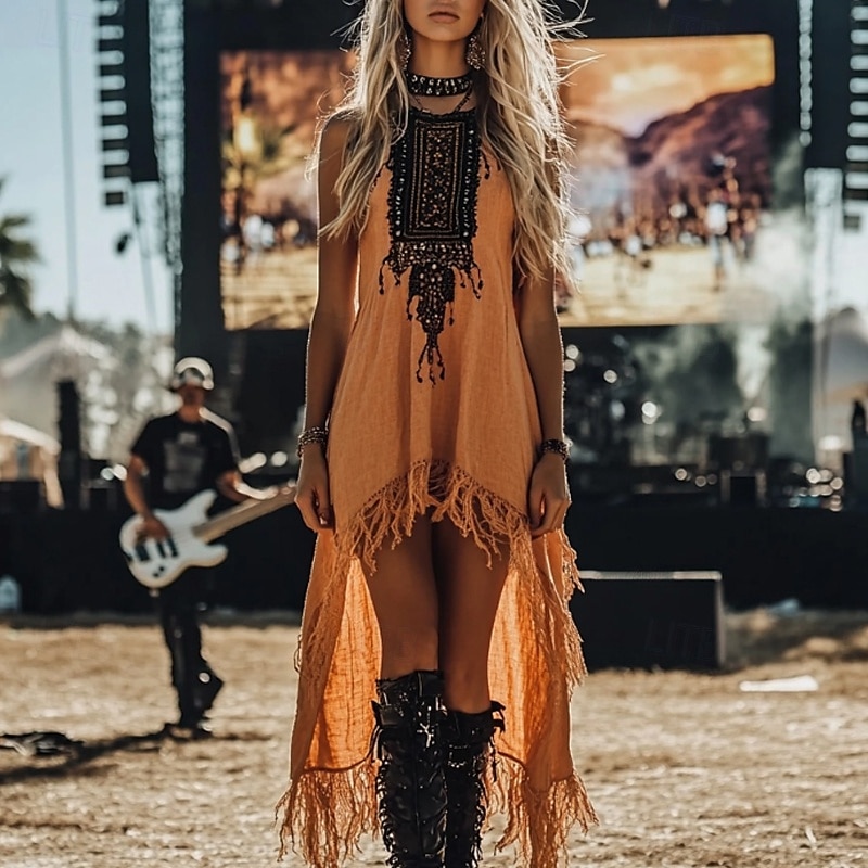 Women's Midi Dress Boho Dress Western Dress Fashion Modern Outdoor Vacation Holiday Regular Fit Flower Sleeveless Crew Neck Orange Summer 2025 - $26.99 –P1