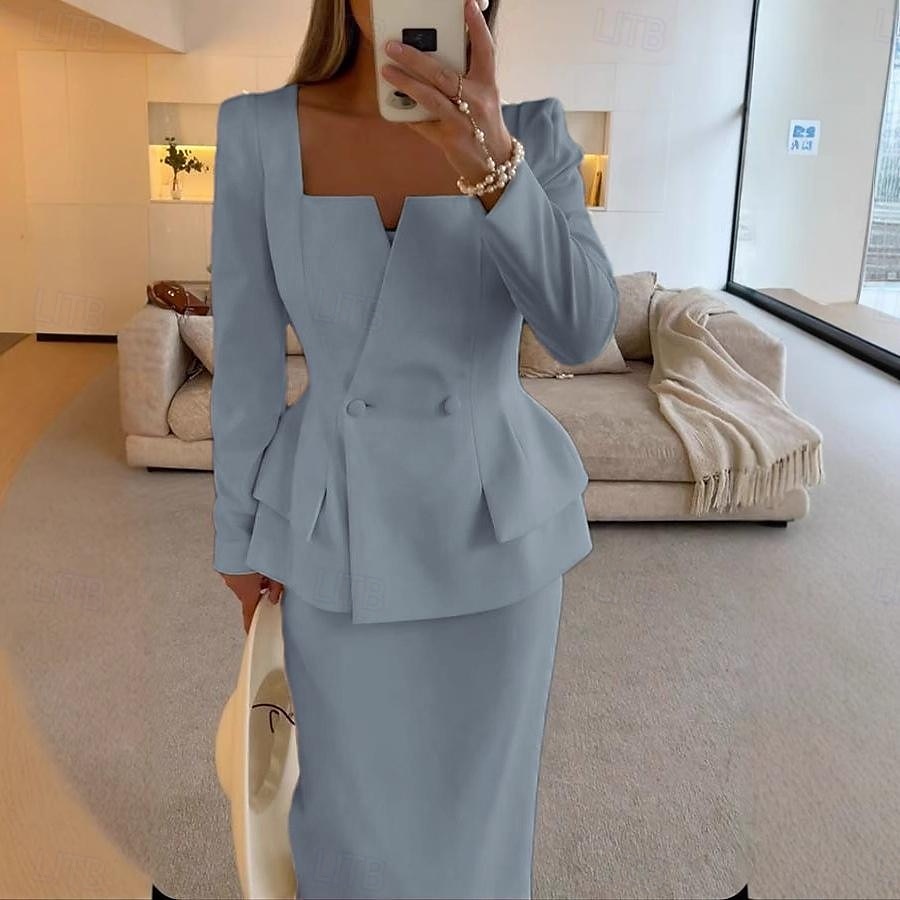 Zweiteilig Meerjungfrauenschnitt Brautmutterkleid Formell Elegant Einfach Minimalistisch Quadrathals Tee-Länge Krepp Stretchstoff Langarm mit Einfarbig 2025 2025 - $139.99 –P8