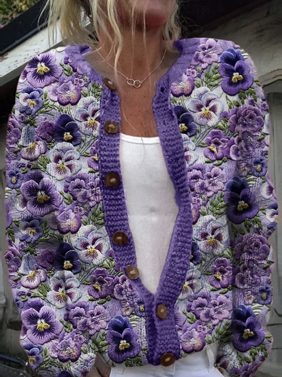 Women's Sweater Cardigan Elegant Vintage Fashion Floral Crew Neck Pocket Knitted Print Long Sleeve Regular Tops Knit Outdoor Daily Weekend Purple Green Fall Winter 2025 - $13.49 –P1